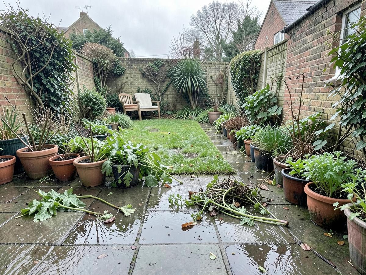 Rain running off a garden path with pots standing in puddles