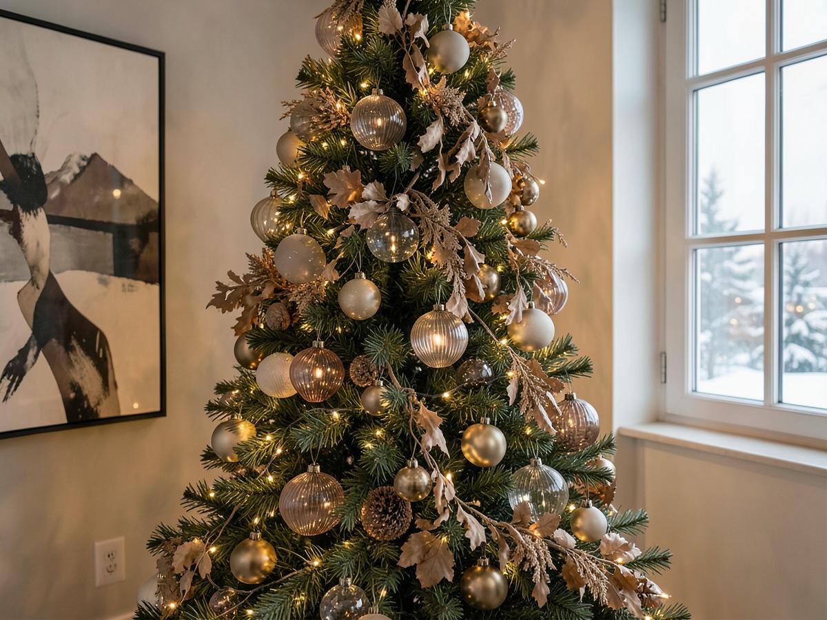 A person sitting quietly with a mug of tea beside a softly lit Christmas tree in the evening