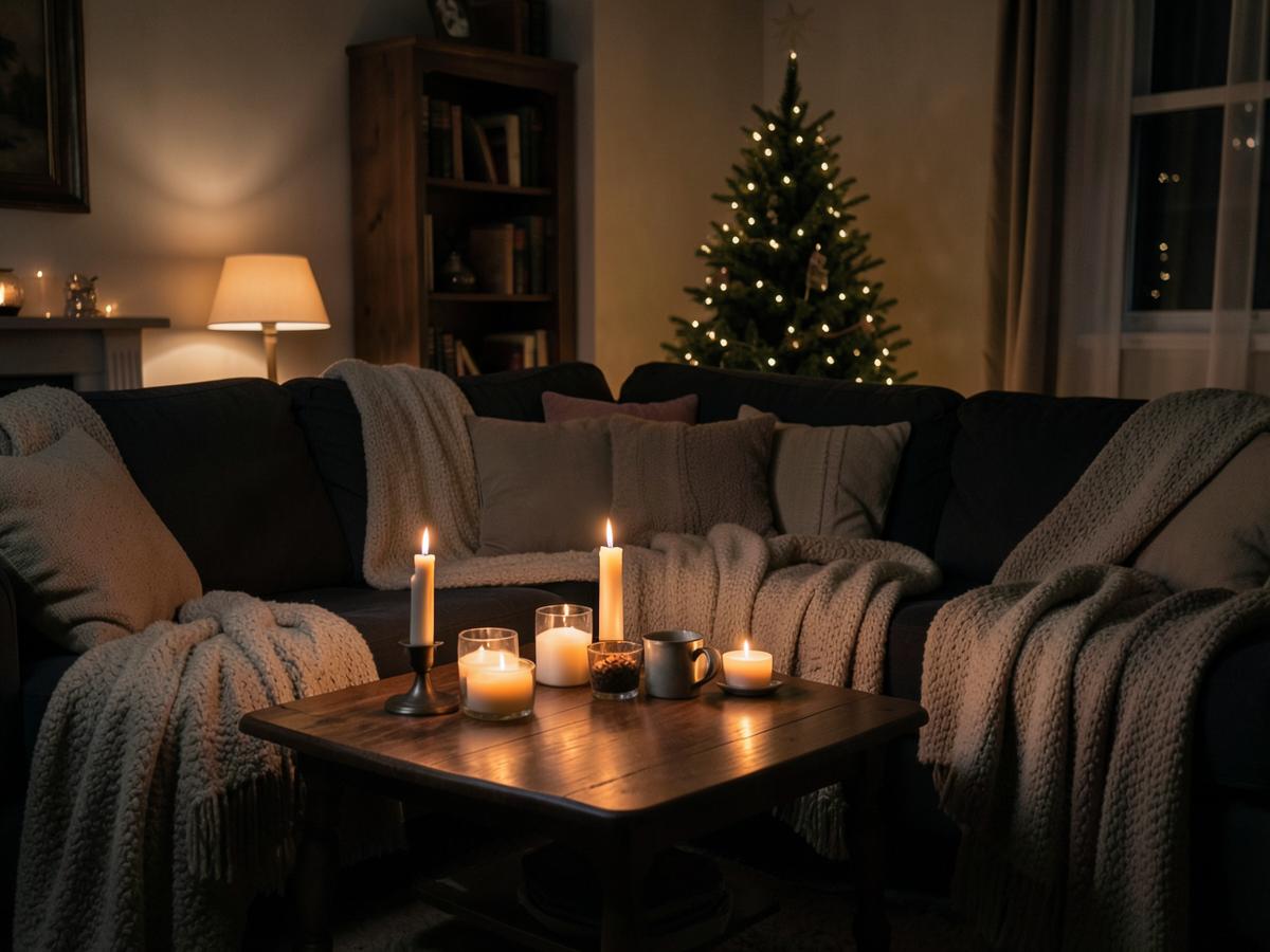 A decorated Christmas tree with warm white lights beside a mantelpiece dressed with greenery and candles