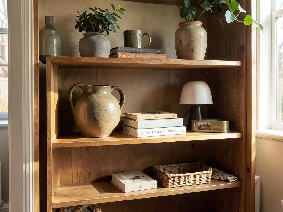 A flatlay of homeware finds: cushions, a candle and small ceramics in warm neutral tones