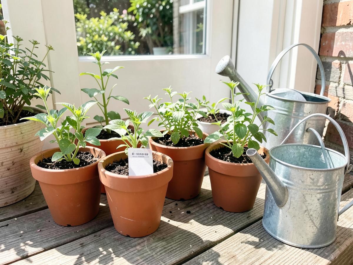 Small pots of young herb and salad plants on a sunny doorstep