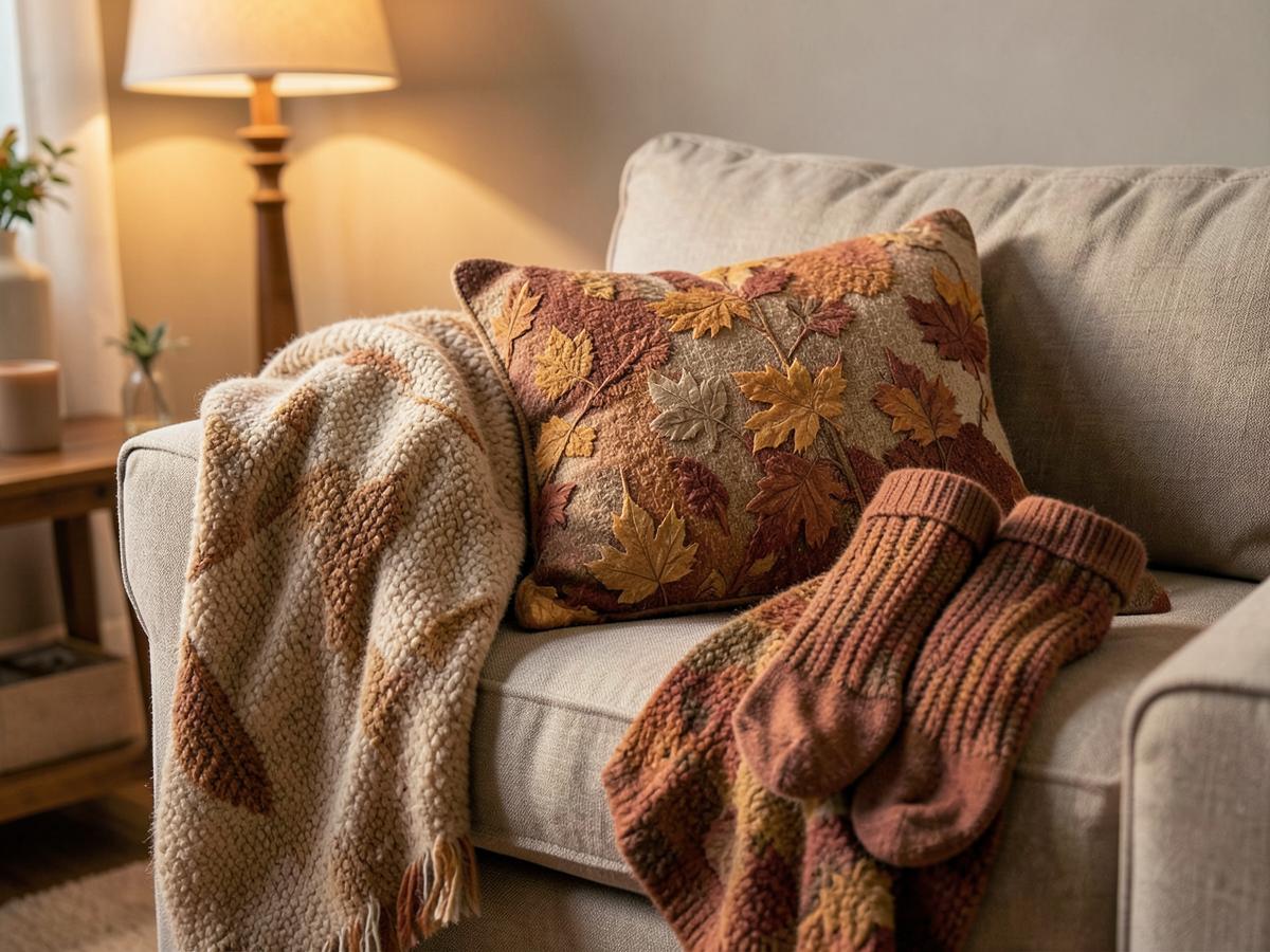 Layered wool throws and curtains in a softly lit living room