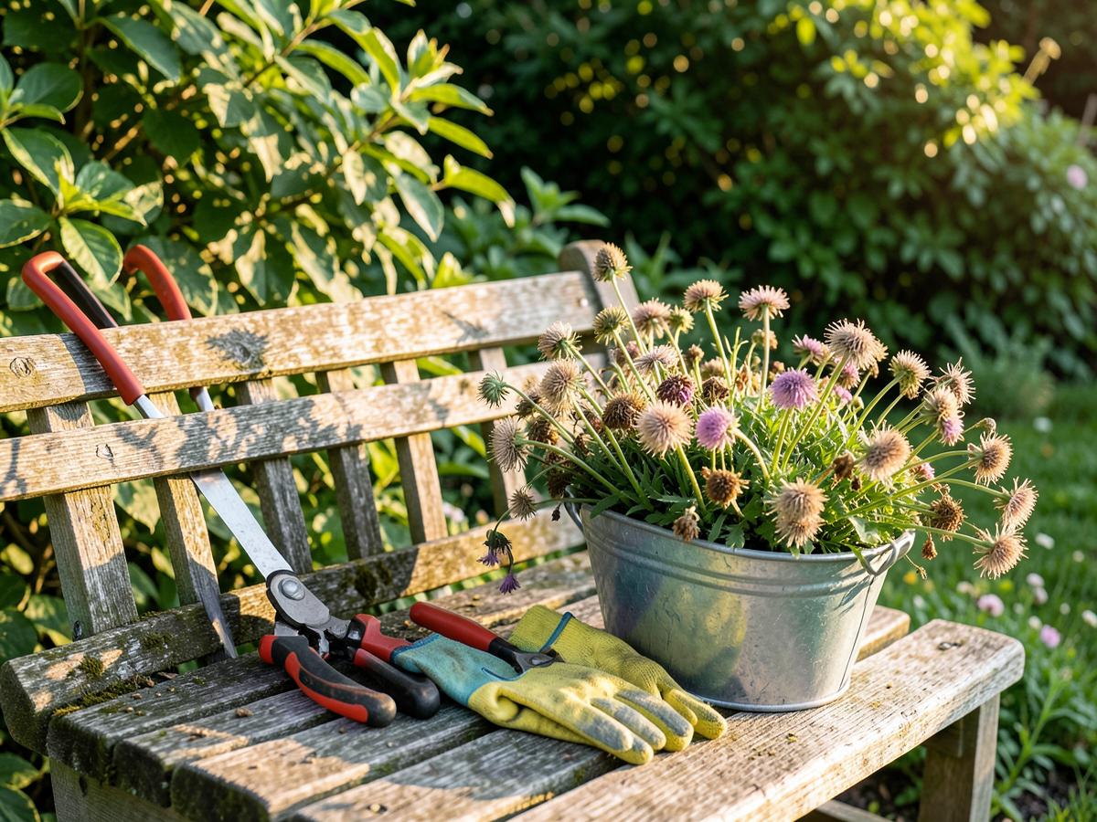 Secateurs resting beside a pot of dahlias in a sunny garden