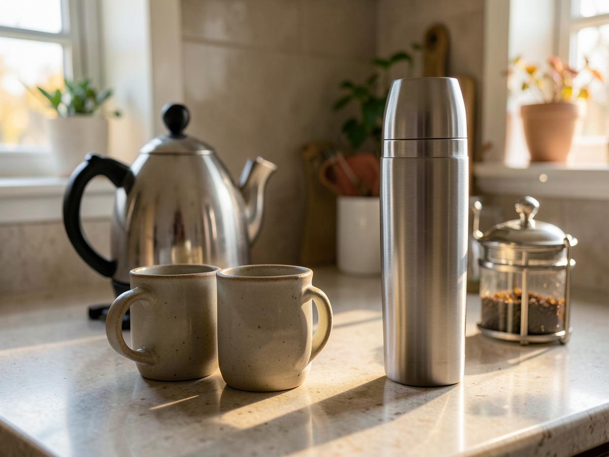 A group of chunky mugs and a flask arranged on a kitchen counter