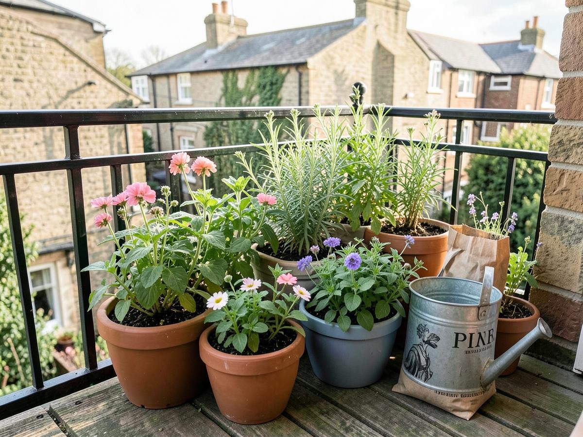 A small balcony with pots of herbs, tomatoes and trailing flowers