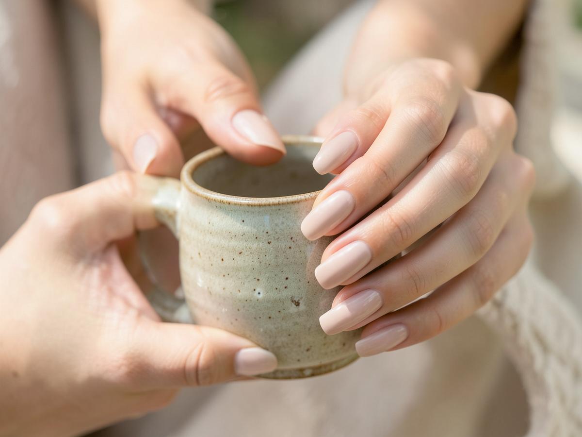Close-up of short nails painted in a soft coral shade