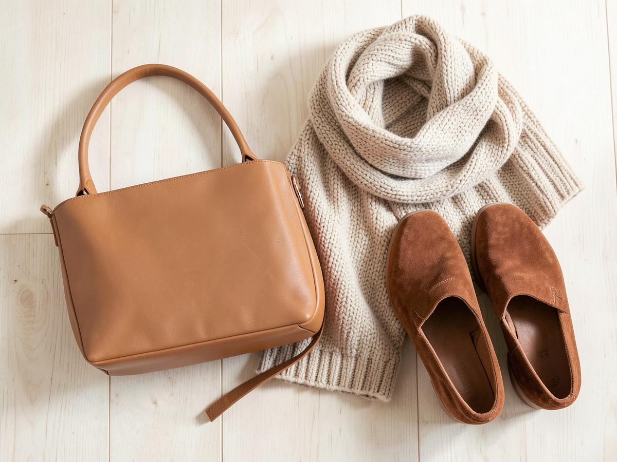 Folded linen and neutral fabric in oat and clay tones on a pale surface