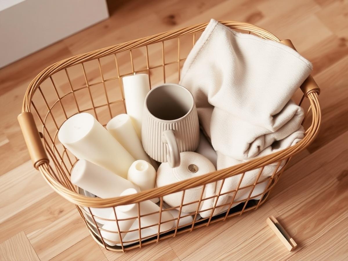 A wire shopping basket on a wooden floor holding cream candles, a ribbed mug and folded neutral tea towels