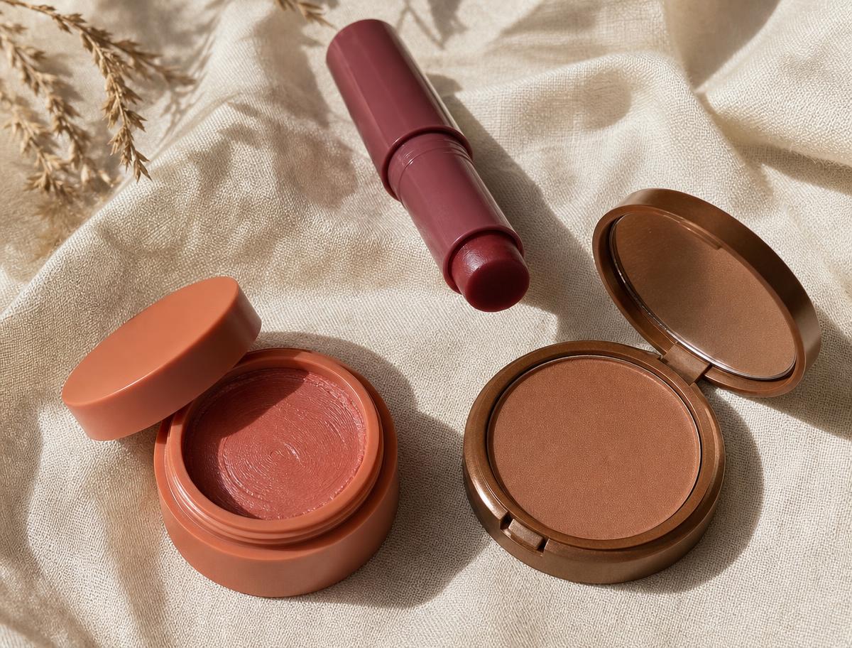 A terracotta cream blush pot, a berry lip balm and a bronze compact on cream linen