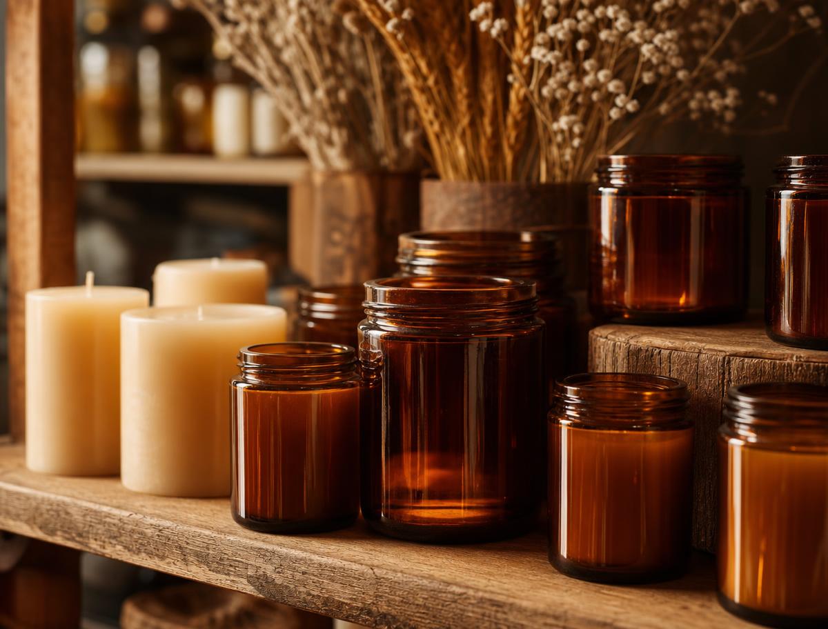 Amber glass candle jars and cream pillar candles on a wooden shelf with dried stems behind