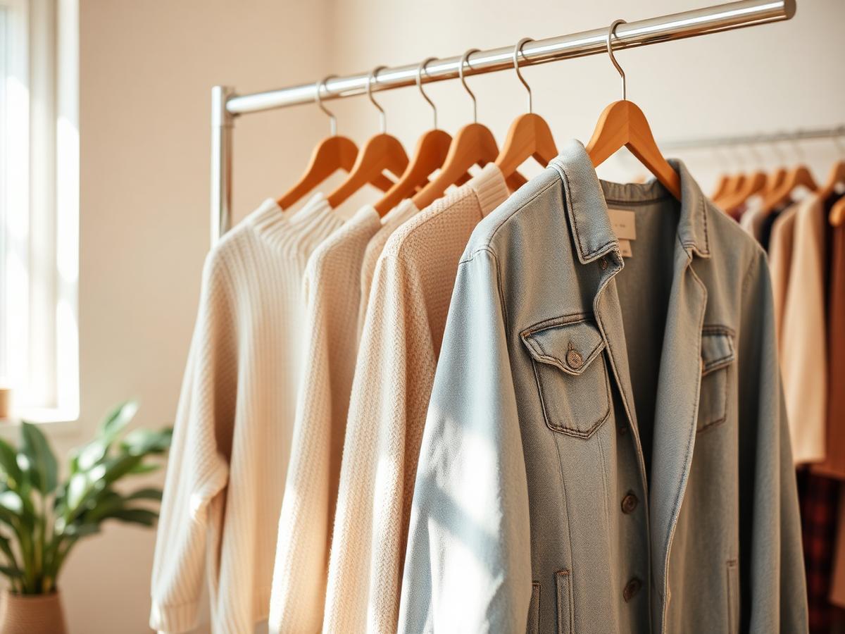 A clothing rail with a light knit, a denim jacket and a long cardigan in warm neutral tones