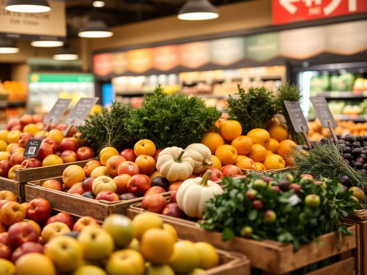 Wooden crates of apples, plums, squash and bunches of herbs in a supermarket display