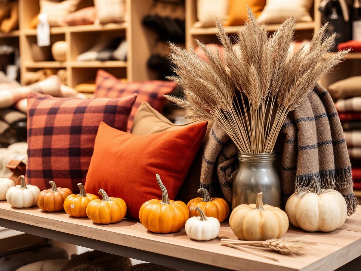 An early-autumn store display with small pumpkins, rust cushions, checked throws and dried wheat