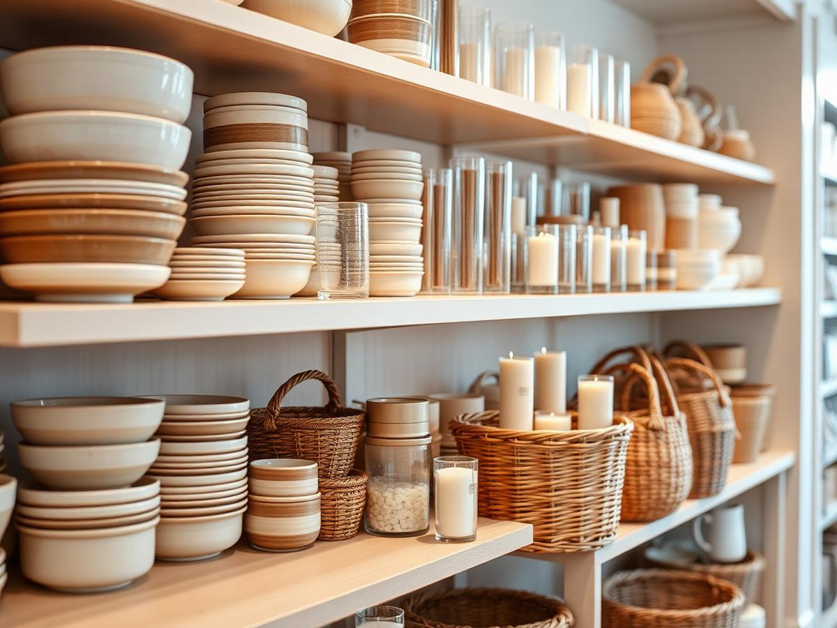 A shop shelf of stacked ceramic bowls, glass tumblers, baskets and candles in warm neutral tones