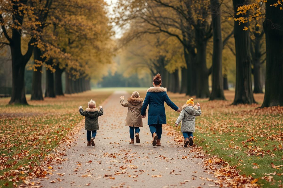 A family walking a leaf-covered avenue of trees in a British park on an overcast autumn day