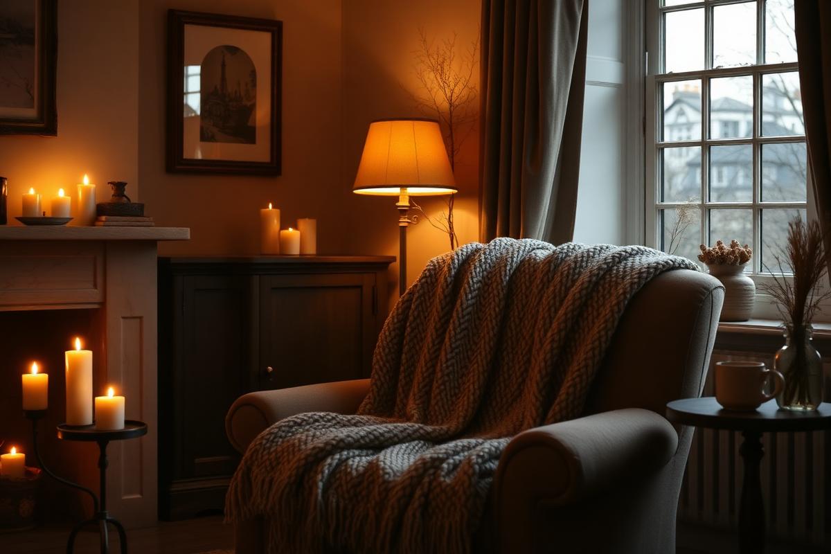 A hand writing a December checklist in a notebook beside a lit candle and a cup of tea