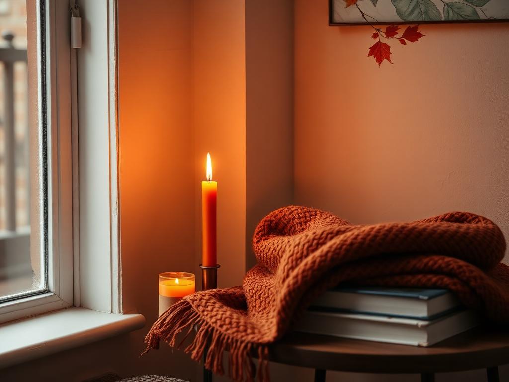 A reading corner with a lit candle, folded wool throw and stacked books