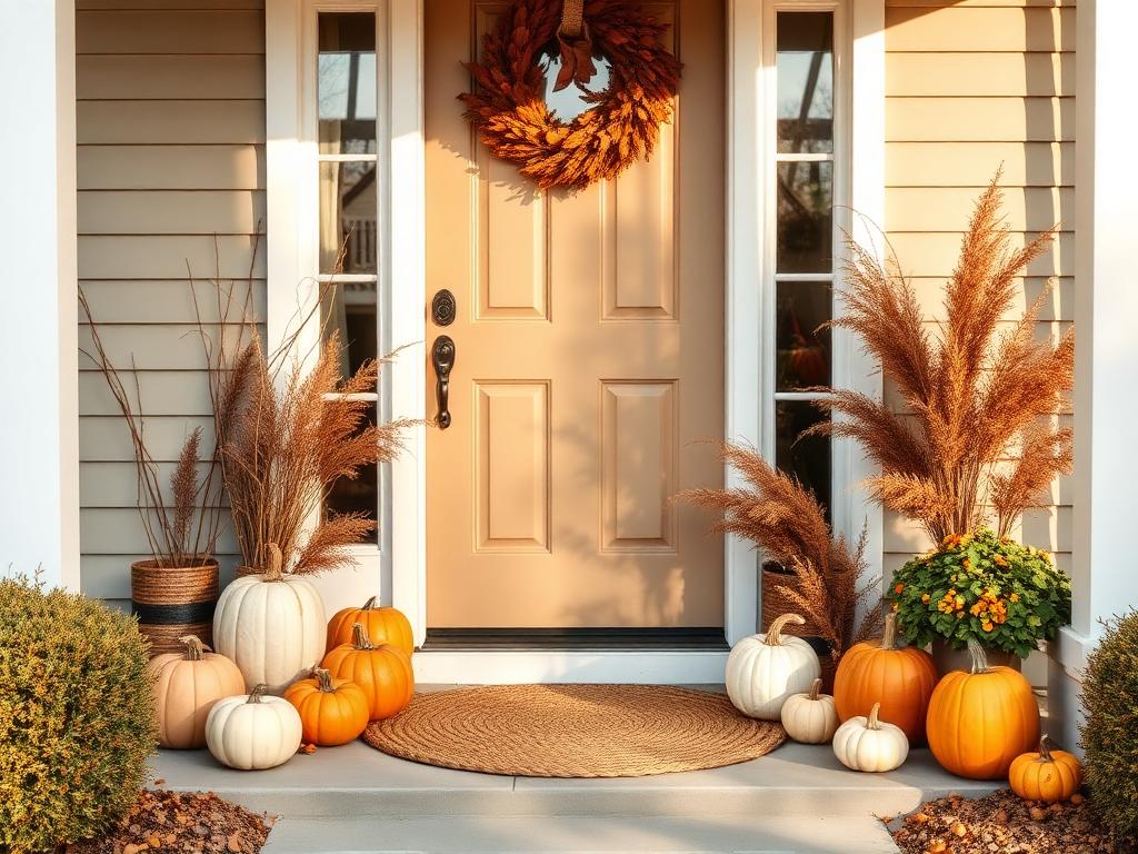 A front door with a coir mat, potted stems and a small gourd on the step