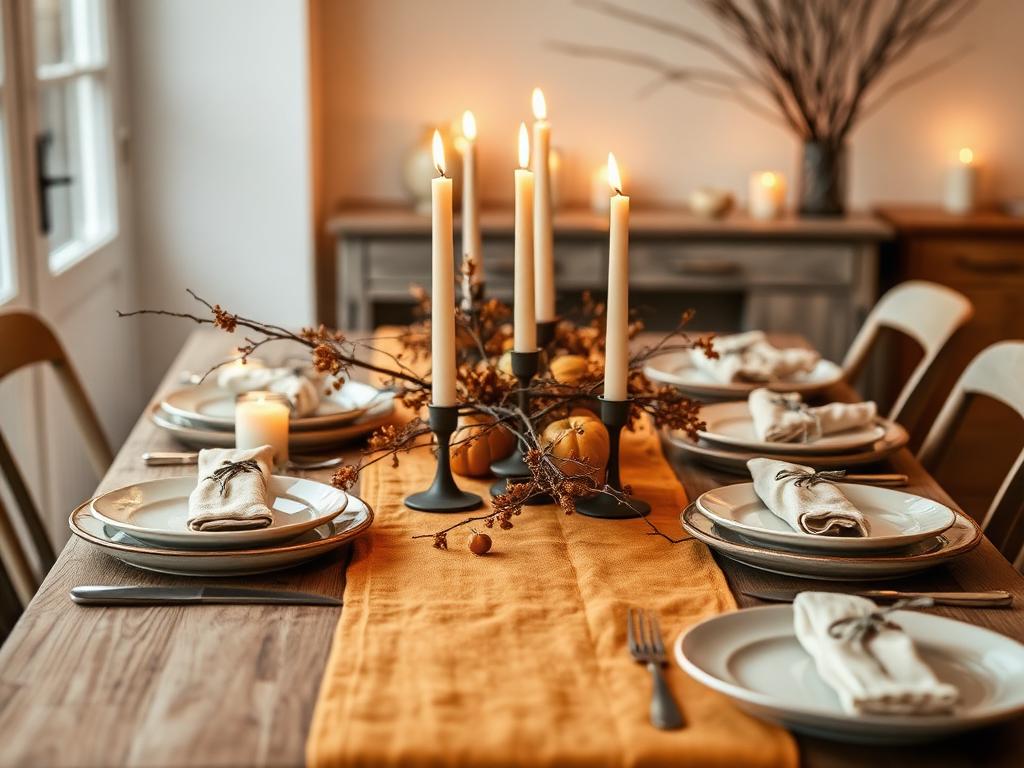 An autumn table with tapered candles, ochre linen and cut branches