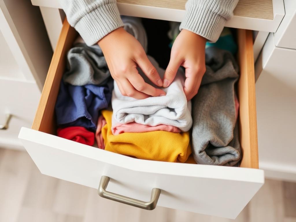 A drawer being sorted, with objects laid out neatly alongside