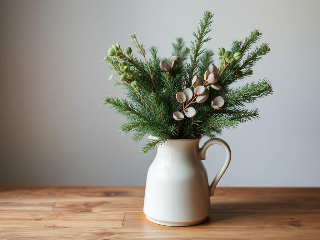 Fir, eucalyptus and dried orange slices arranged on a wooden surface