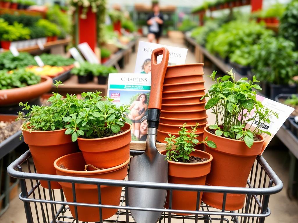 Seed packets, small terracotta pots and a bag of compost on a potting bench