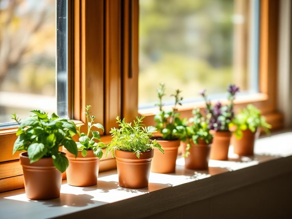 Basil, mint and parsley in terracotta pots on a sunny kitchen windowsill