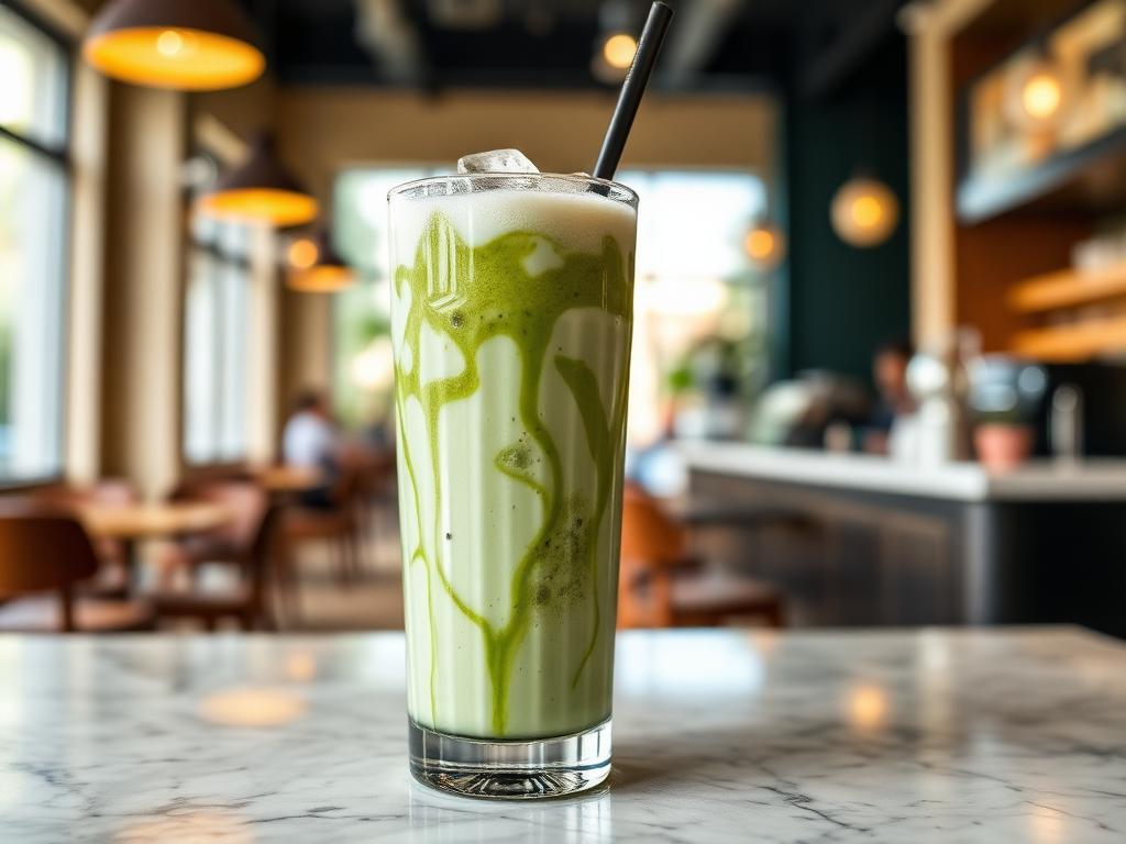 A glass of iced matcha latte on a kitchen counter with a bamboo whisk and a small tin of green tea powder