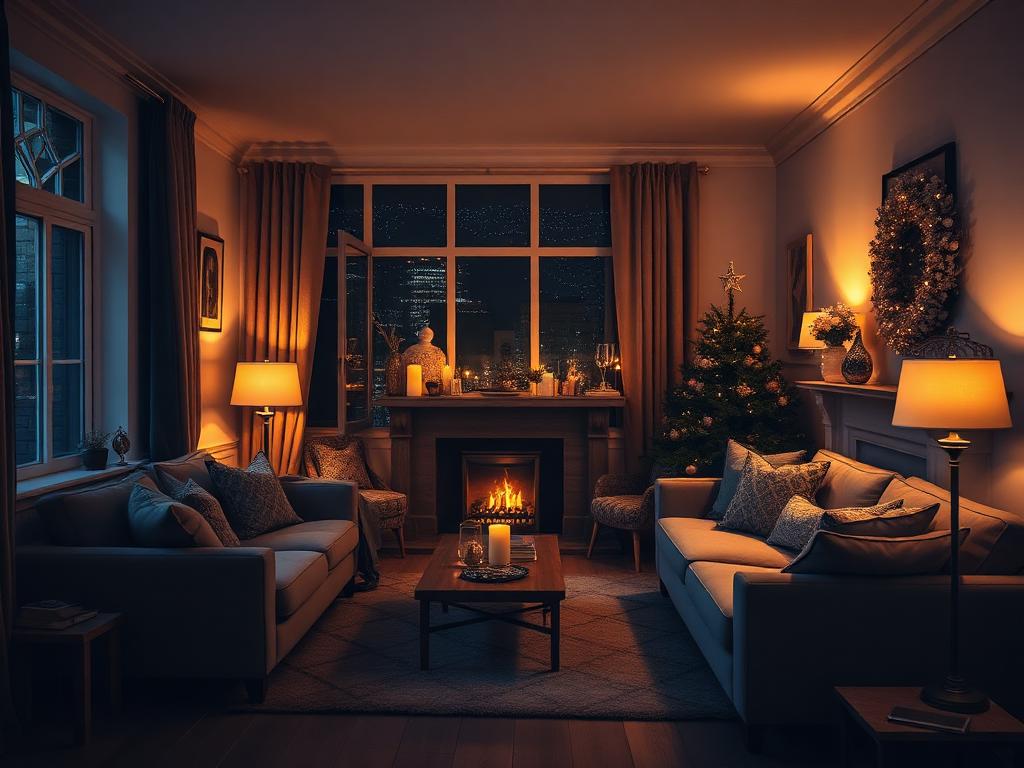 Two lamps at different heights lighting a living room after dark