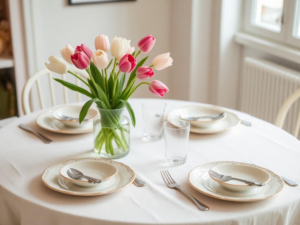 A spring table laid with pale plates, tulips and soft-coloured napkins