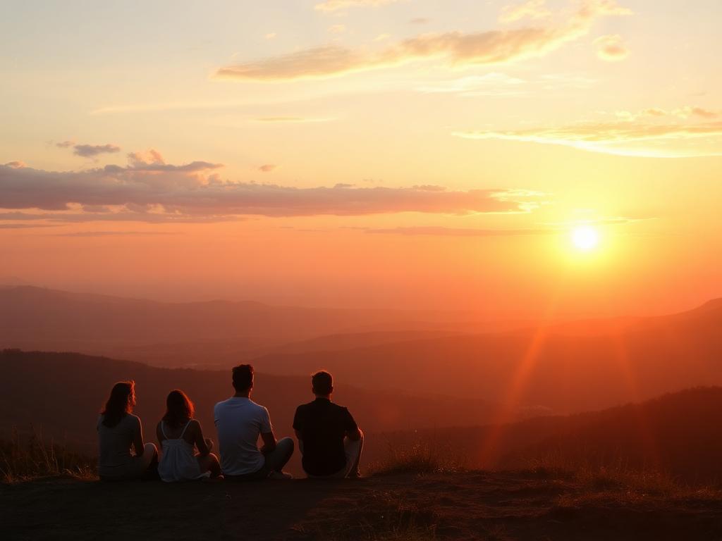 A hilltop viewpoint at golden hour with the valley below in haze