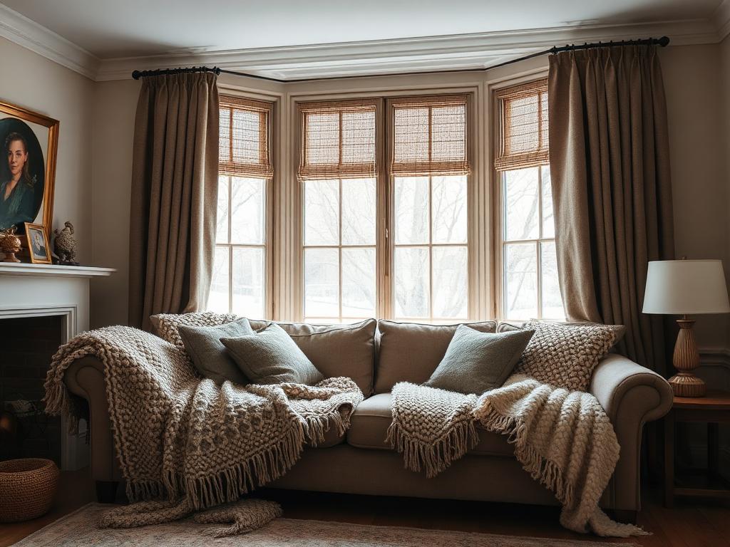 Layered wool throws and heavy curtains in natural undyed tones
