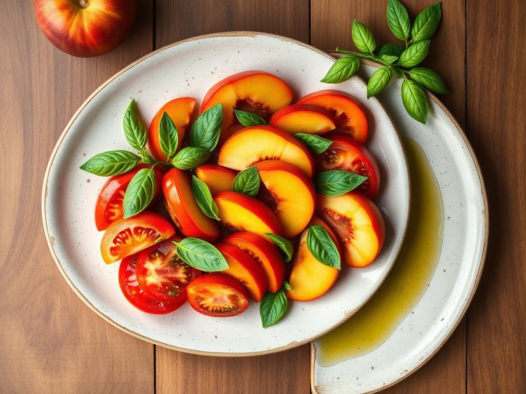 Sliced tomatoes and peaches with basil and torn cheese in a shallow bowl