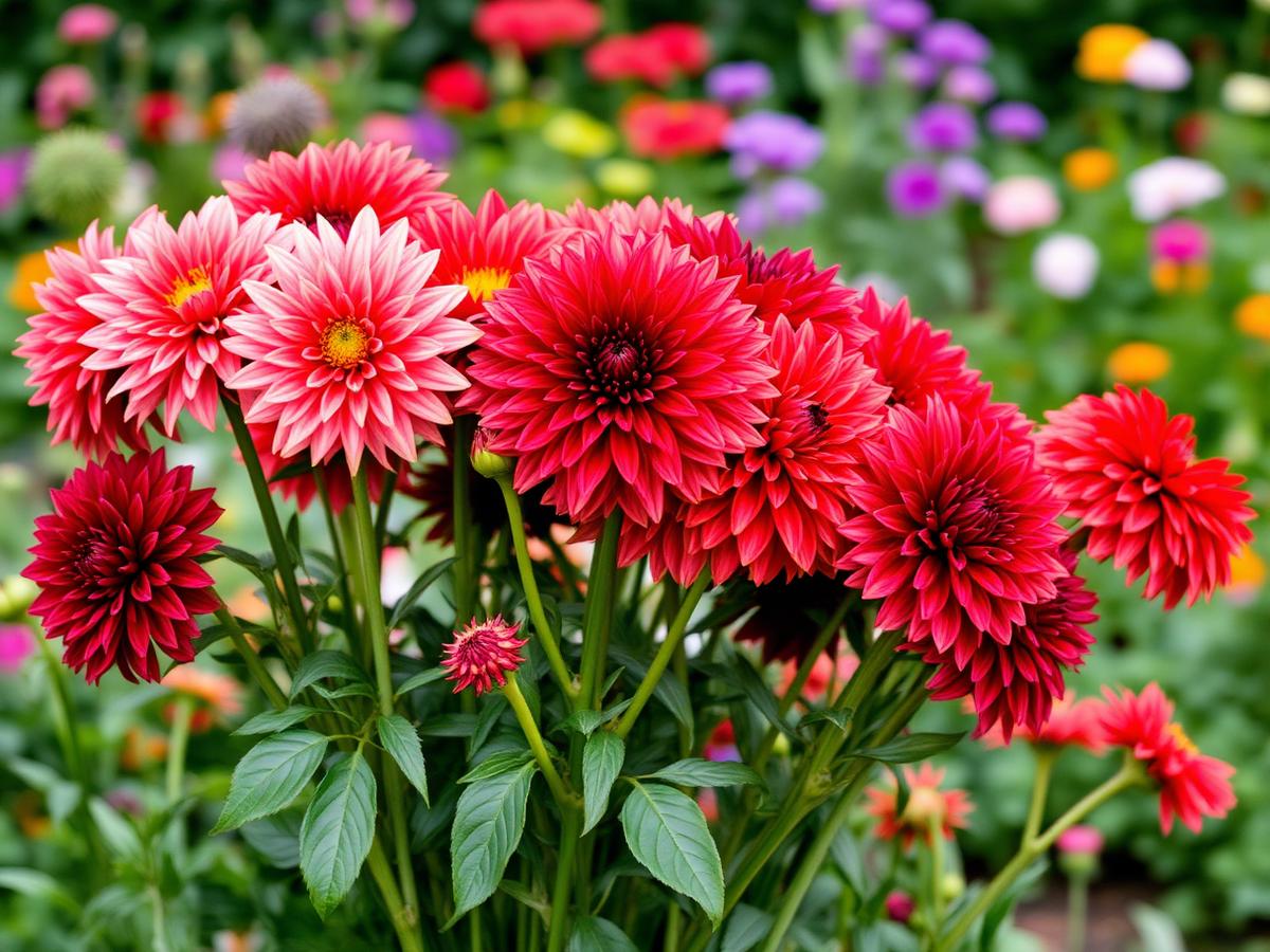 A close-up of deep coral and rust dahlias against green foliage