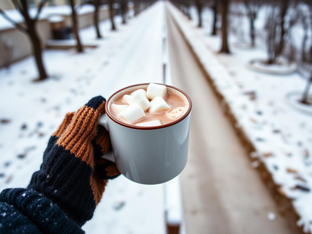 A mug of hot chocolate held in both hands beside a folded wool blanket