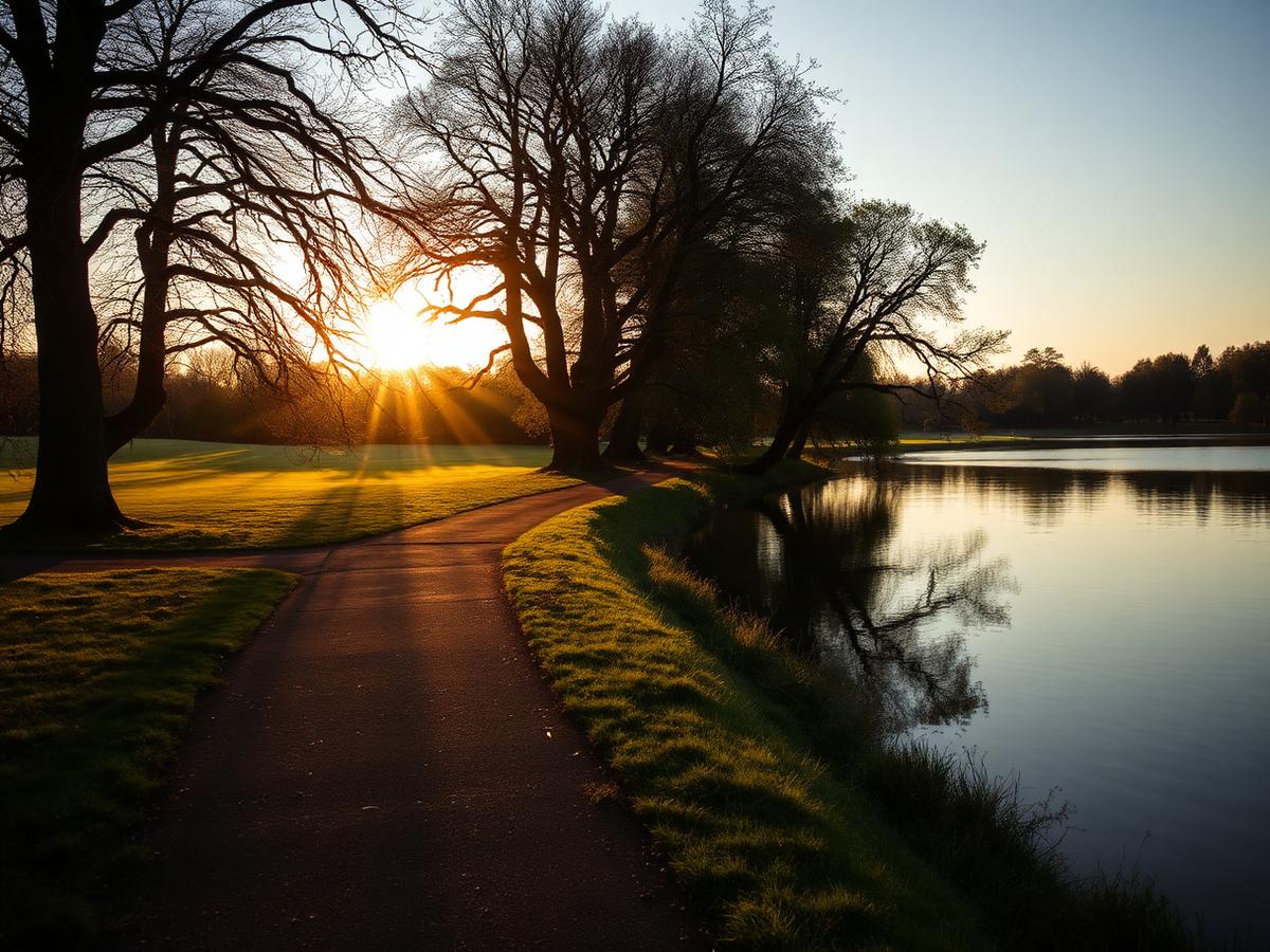 A sunlit path through green trees on a bright summer morning