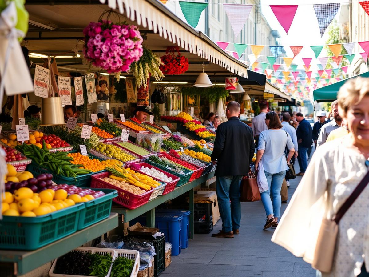A busy market stall with people browsing produce and second-hand goods
