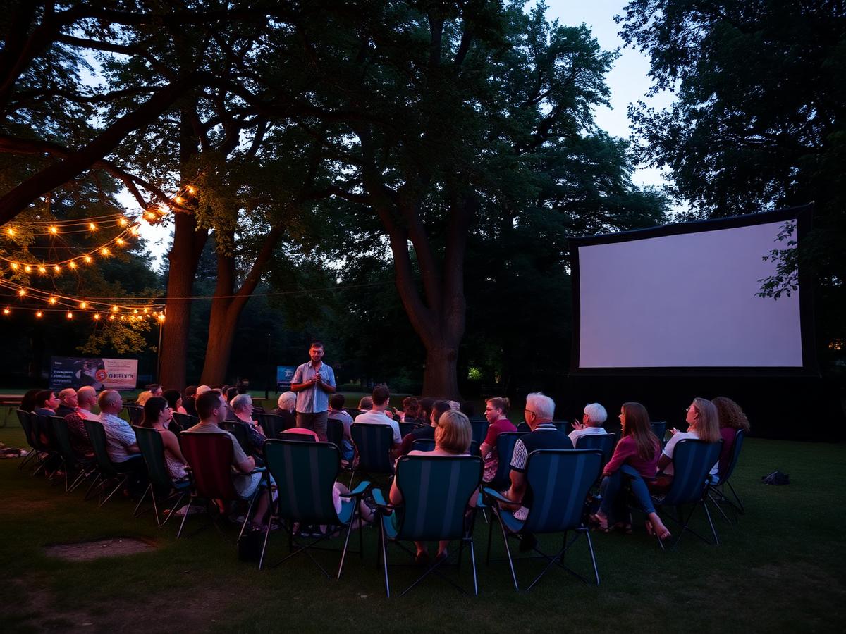 An outdoor screen glowing at dusk with people sitting on blankets
