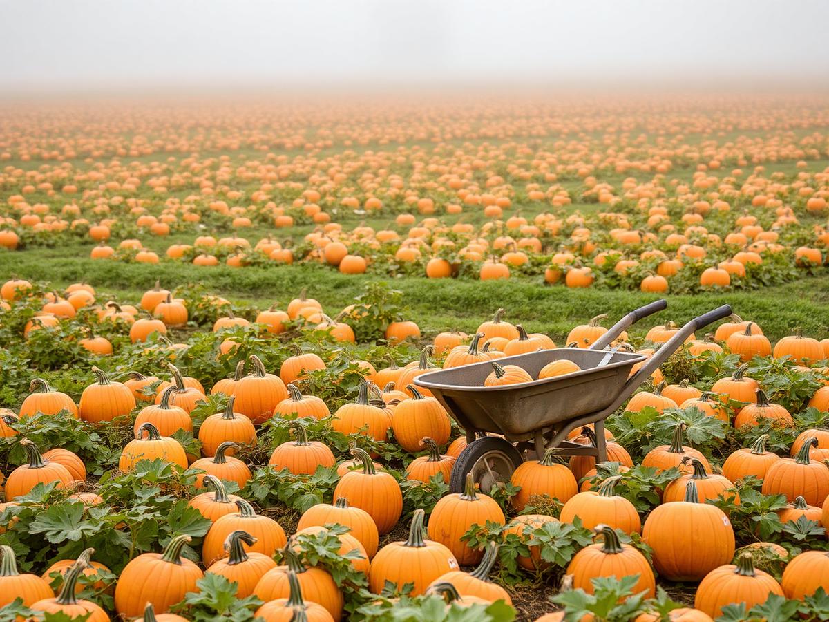 Pumpkins of different sizes laid out in rows in a field on a bright autumn day