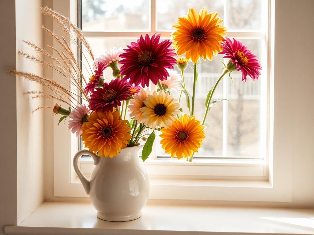 Late-summer flowers on the kitchen table