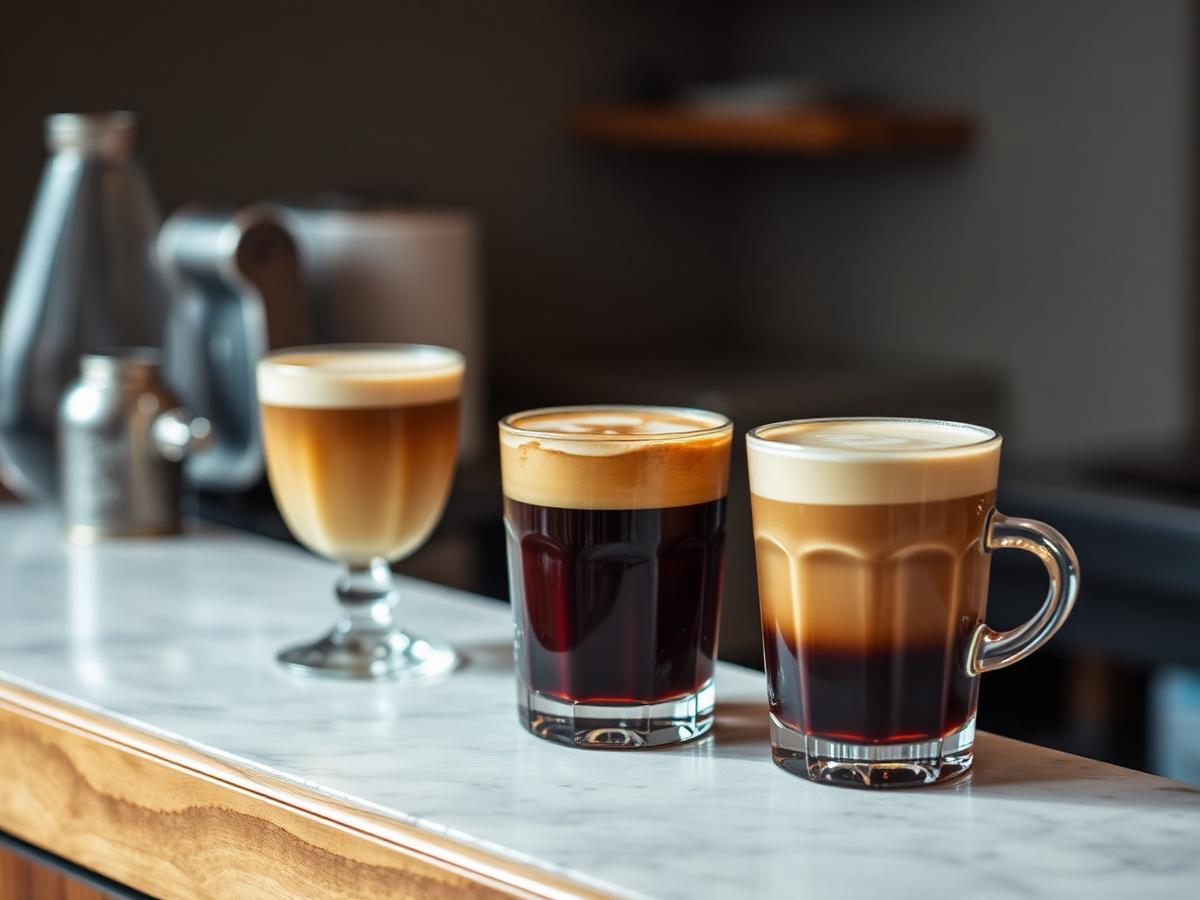 A spiced latte in a glass mug with cinnamon on a wooden table