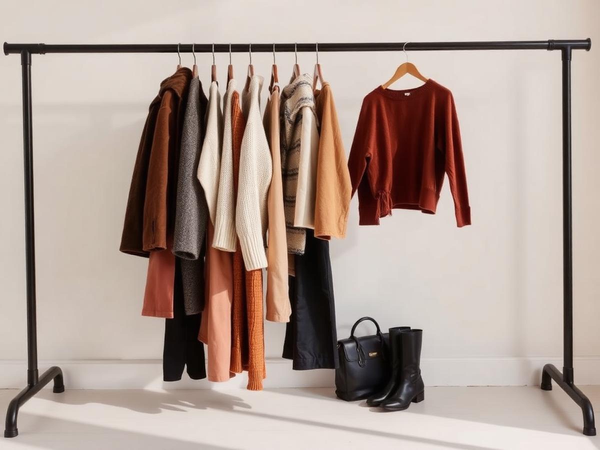 A rail of neutral linen and knitwear photographed in flat daylight
