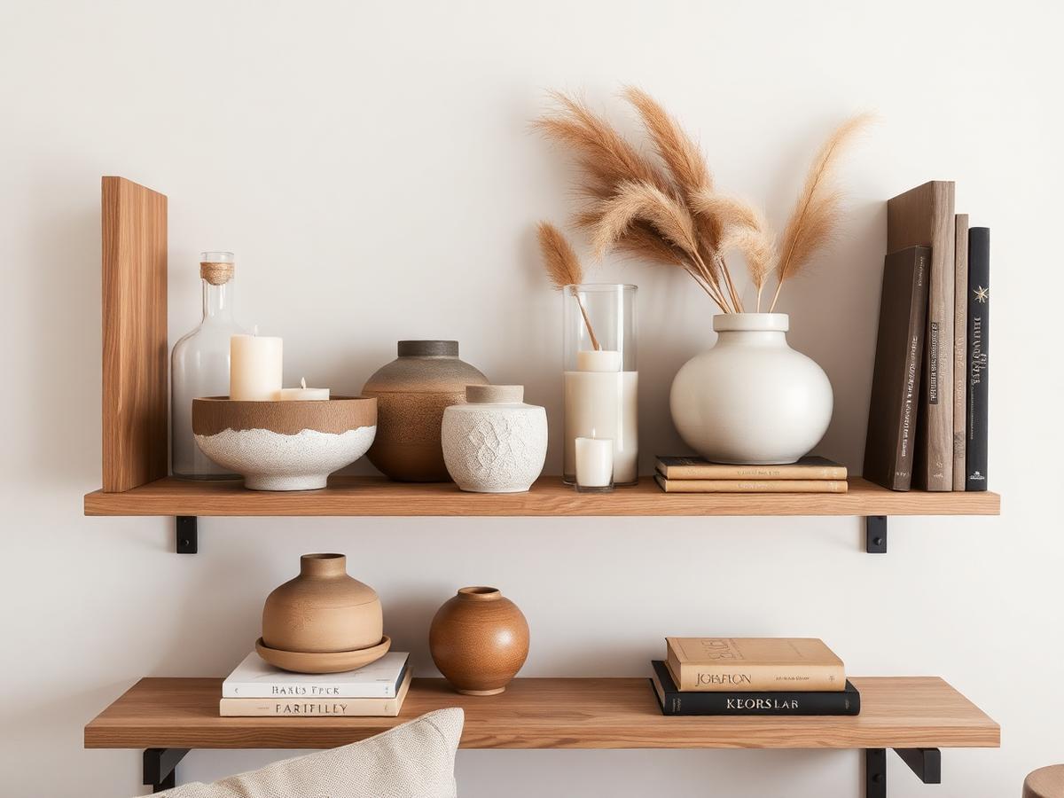 A styled shelf with ceramics, books and a candle in warm daylight