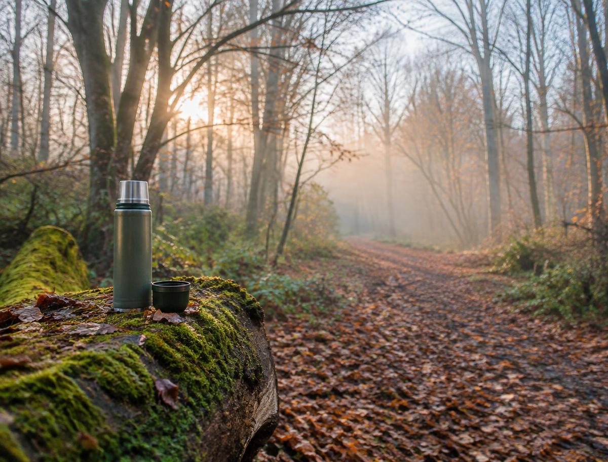 A misty woodland path covered in fallen leaves with a flask resting on a mossy log