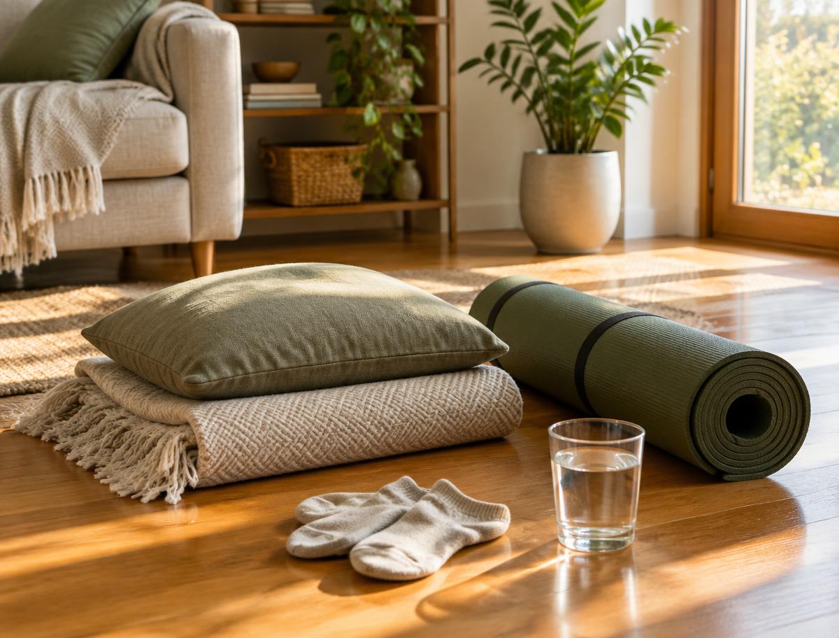 A yoga mat unrolled on a wooden floor beside a window in soft morning light