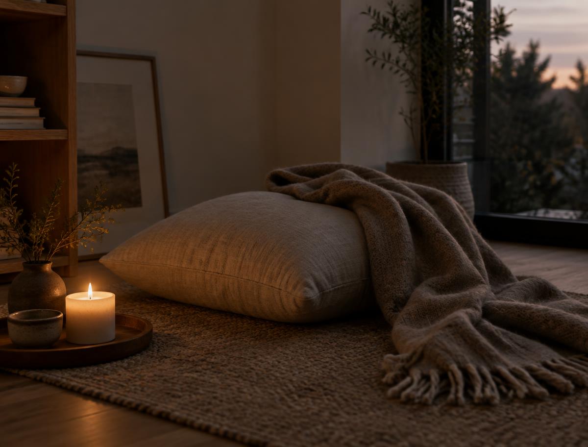 A floor cushion and a lit candle in a quiet corner of a room in low evening light