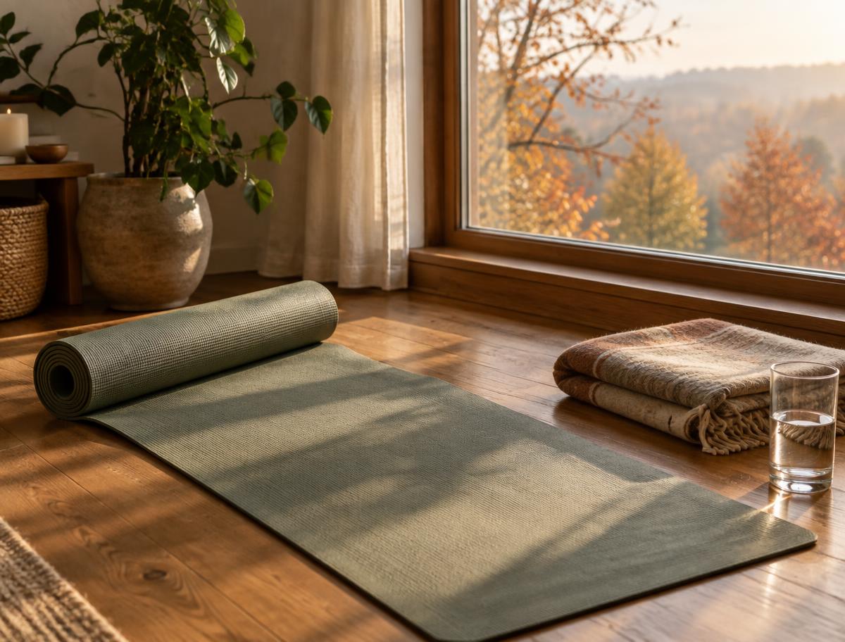 A yoga mat unrolled by a window with spring light coming in