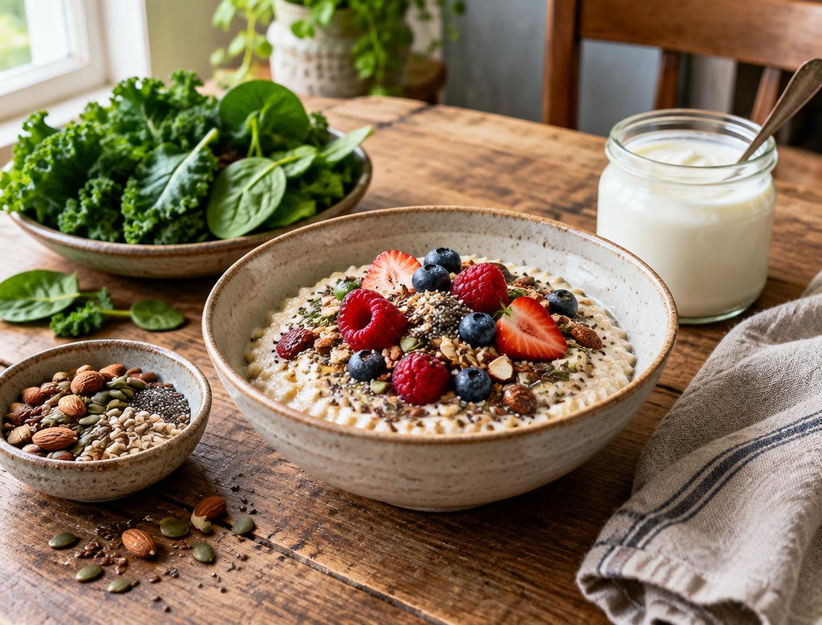 A bowl of porridge topped with berries beside dishes of nuts, seeds, leafy greens and yoghurt on a wooden table