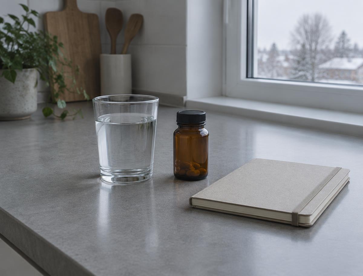 A glass of water and a small amber bottle beside a notebook on a kitchen worktop in winter daylight