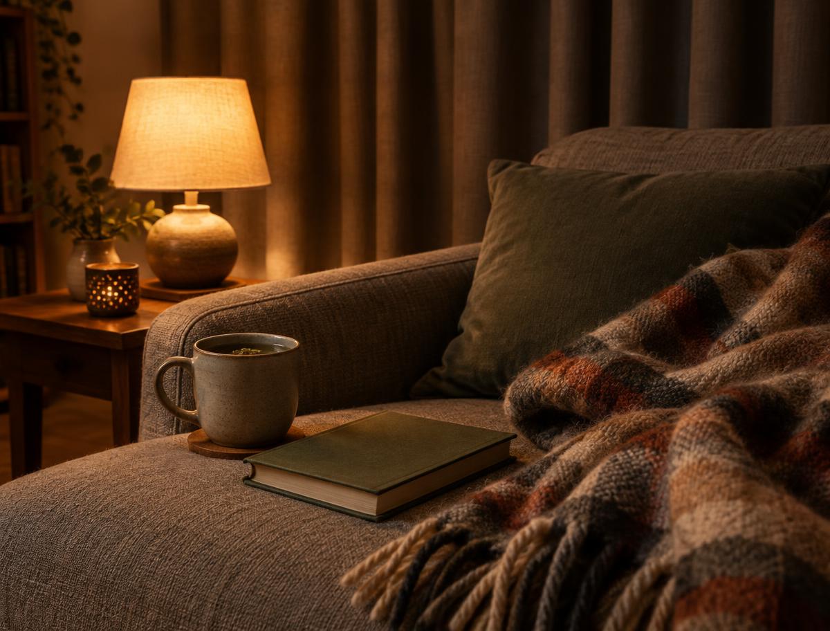 A lamp, a book and a mug of herbal tea on a sofa with a wool blanket in warm low light